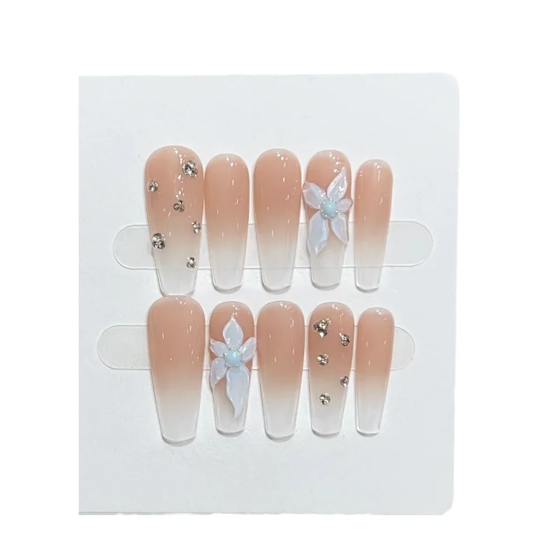 

Pure handmade manicure wearing nail advanced temperament desire nude French hand-painted ice flower removable fake nail patch