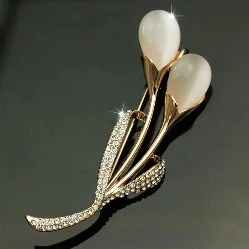 Luxury Fashion Tulip Brooch for Women Rhinestone Crystal Flower Badge Exquisite Opal Corsage Anti-slip Pin Accessories Jewelry