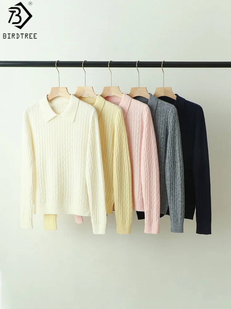 

Birdtree 100% Sheep Wool Knited Solid Sweater,Woman Twisted Flower Lapel Collar Full Sleeve Autumn Shirt Pullover T59421JF