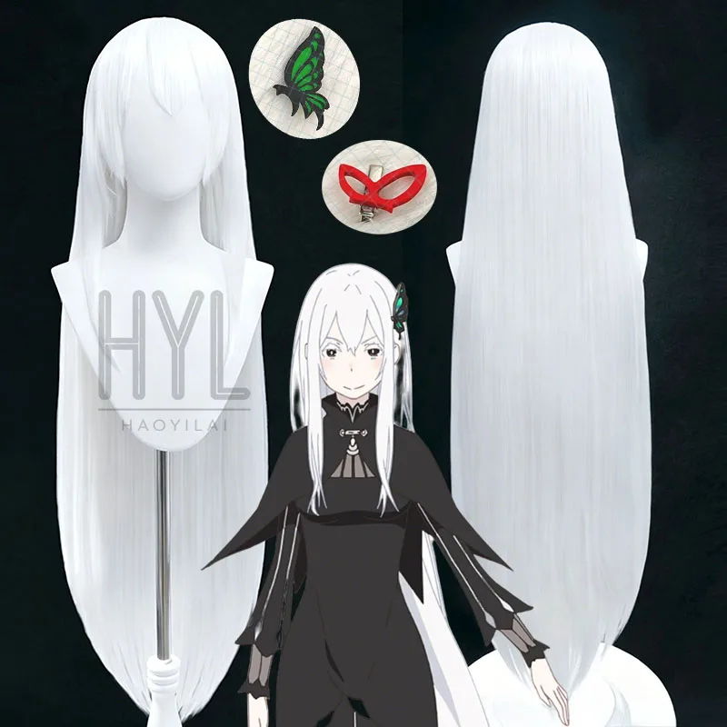 Anime Re:Zero Echidna Cosplay Perücke, weißes langes Kunsthaar, Schmetterlings-Kopfbedeckung für Damen und Herren, Halloween-Kostüm, Party-Requisiten