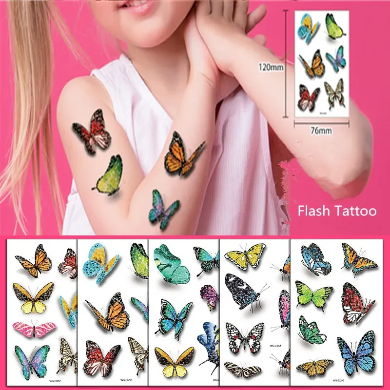 6pcs/set Glitter Tattoo Temporary Colorful Butterfly Fake Tattoo Sticker for Kids Girl Face Hands Ankle Clavicle tatuajes falsos