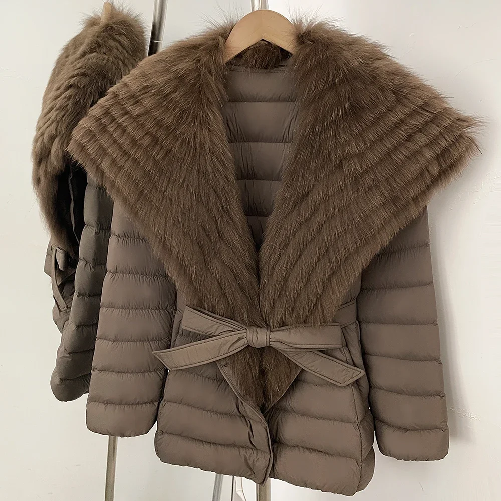 OFTBUY Daunenjacke mit echtem Fuchsfellkragen, leichte, gesteppte Damenjacke, kurze Daunenjacke mit Gürtel, neuer Winter-Puffermantel für Damen – Detail 8