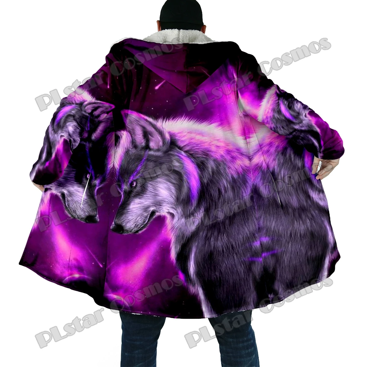 

Winter Fashion Men's cloak Purple Moon Wolf Pattern 3D Printed Thick Fleece Hooded Cloak Unisex Casual Warm Cape Coat DP55