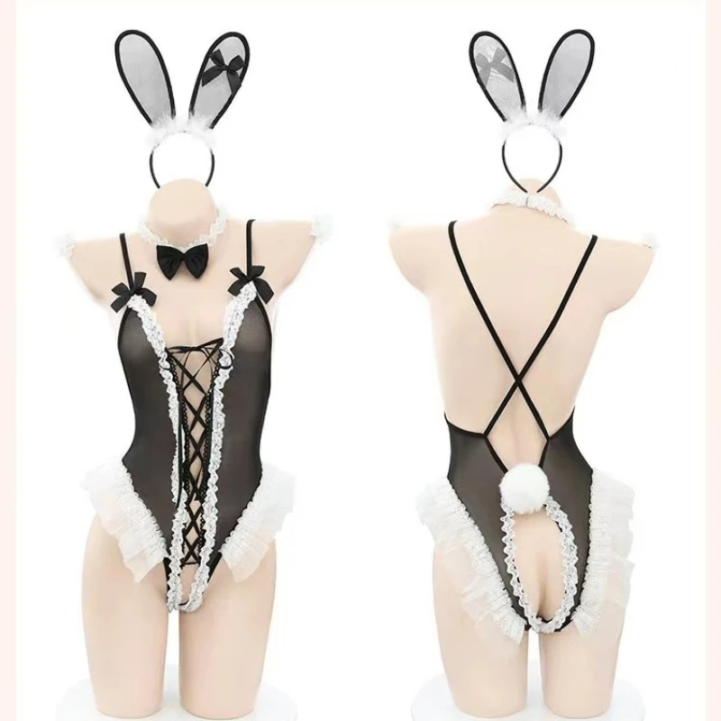 Sexy Lingerie Cute Bunny Cosplay HollowOut Bodysuit One Piece Lace Open Crotch Kawaii Couple Role Play Rabbit Butler Uniform Set