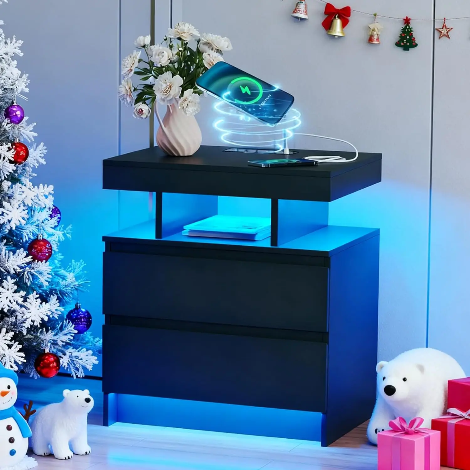 

Modern Nightstand with Charging Station, LED Light, 2 Drawers, USB and Wireless Charging, Black Bedside Table