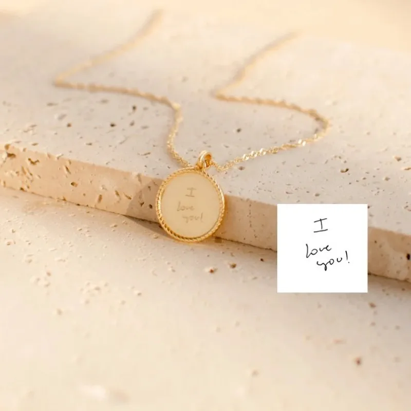 

Gold-Tone Round Pendant With Custom Text Personalized Handwritten Name Necklace Custom Stainless Steel Gold-Tone Jewelry