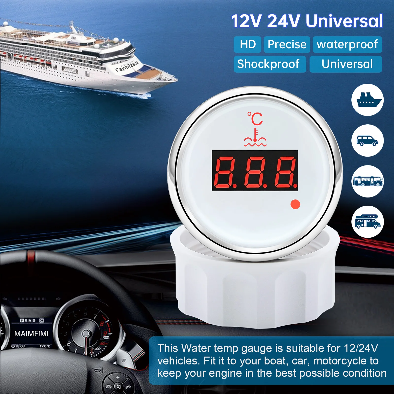 Red Light 0~120℃ Water Temp Meter+Sensor Digital Water Temperature Gauge with Alarm for Car Marine Yacht Boat 12V 24V Customized