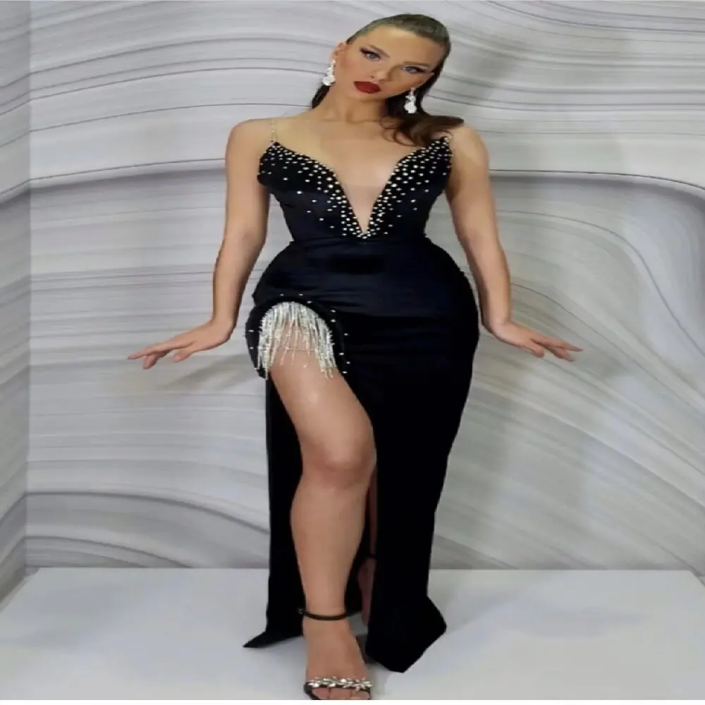

Autumn New Black Spaghetti Strap Maxi Dress Sexy Deep V-Neck High Split Silver Chain Tassel Rhinestone Long Skirt Party Gown