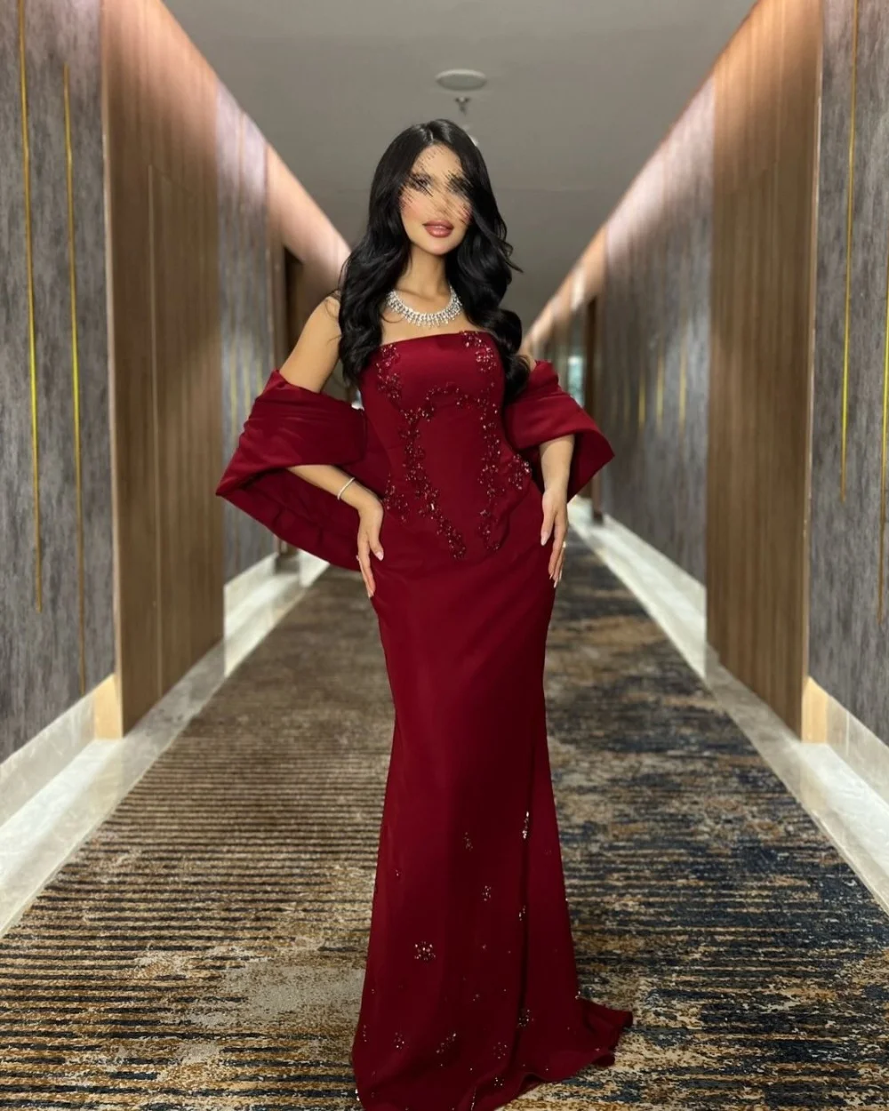 

Customized Burgundy Modern Style Pastrol Jersey Beading Sequined Mermaid Strapless Long Dresses Evening Dresses Sizes Available