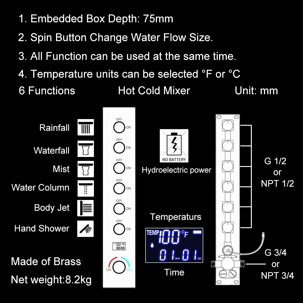 M Boenn 6 Functions Private Space Couple Shower Set Ceiling Black Shower Head with Music Speaker Bathroom Hot Cold Shower Faucet