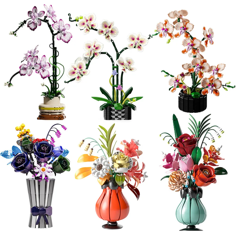 

Creativity Bouquet Eternal Flower Succulents Plant Potted Rose Assembled Home Decoration Building Blocks Bricks Toys For Kids