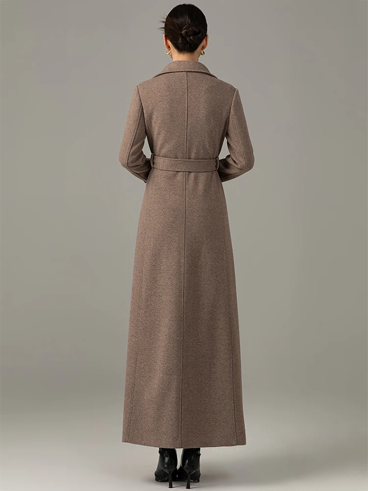 New Women Herringbone Woolen Coat Autumn Fashion Turn-down Collar Double Breasted Slim Long Coat Simplicity Wool Blended Coat