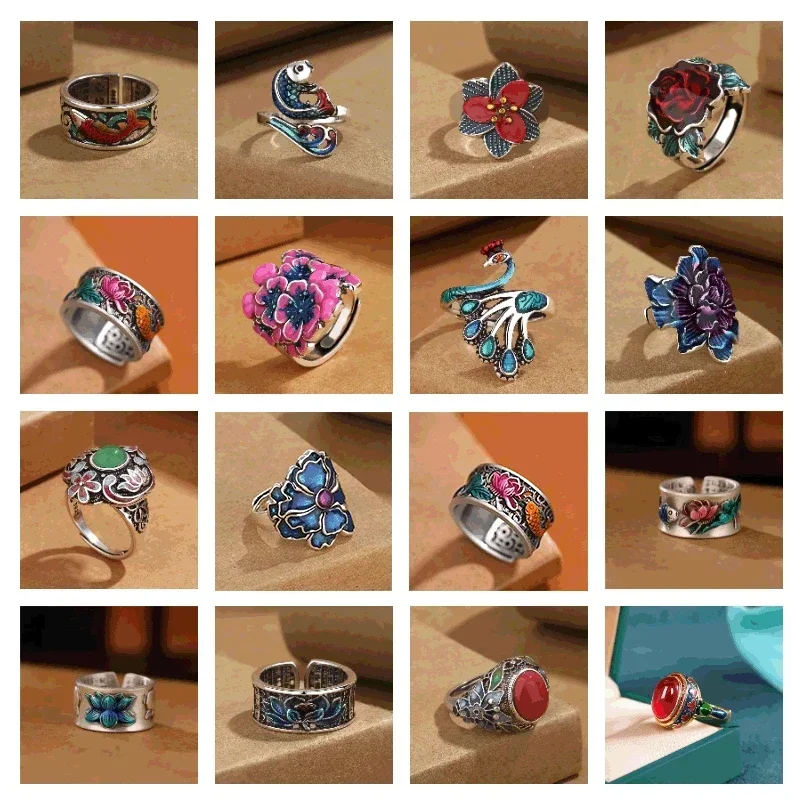 Vintage Ethnic Style Enamel Fired Blue Peony Flower Adjustable Ring for Women Fashion Floral Luxury Party Vacation Jewelry Gifts