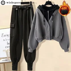 Conjunto de jaqueta e calça feminina com capuz, coleção outono e inverno, calça de trabalho pelúcia e grossa, 2 peças