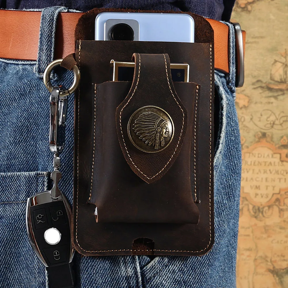 Cow Leather Wearable Mobile Phone Waist Bag Leather Tactical Waist Bag Men's Sports Waist Bag Solid Color Portable Waist Bag