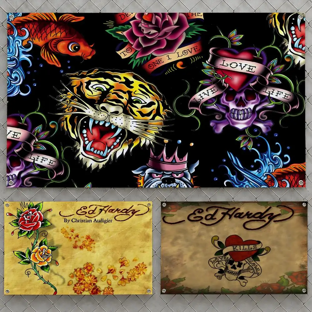 Brand Ed Hardy Tattoo Tiger Skull Rose Flags Wall Hanging Flag Banners For Birthday Parties Outdoor Bedroom Dorm Room Decor