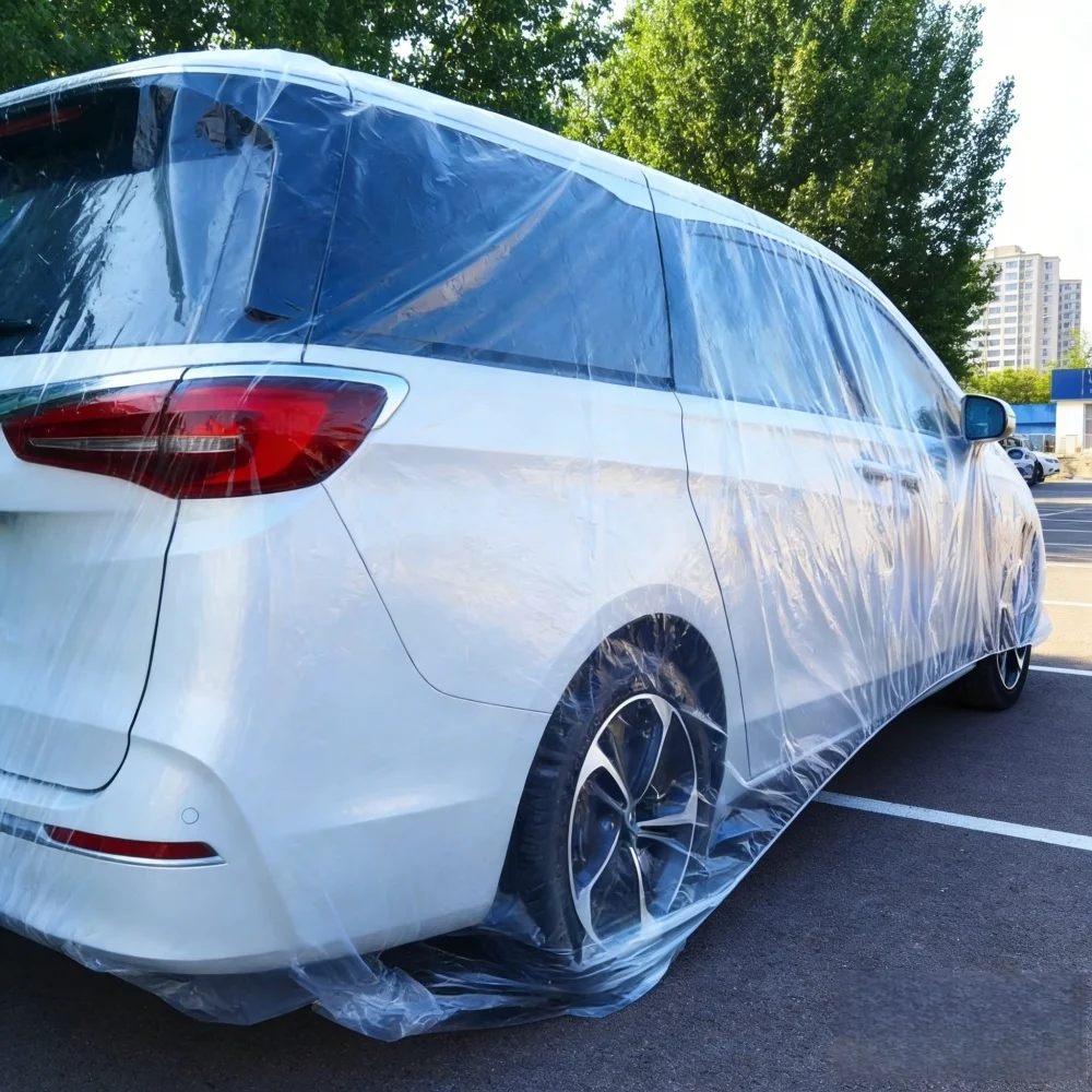 1 Stück Einweg-Transparente Autoabdeckung Universelle PEVA Staubdichte Kratzfeste Elastische Staubschutzhülle Auto-Außenschutz Zubehör – Detail 4