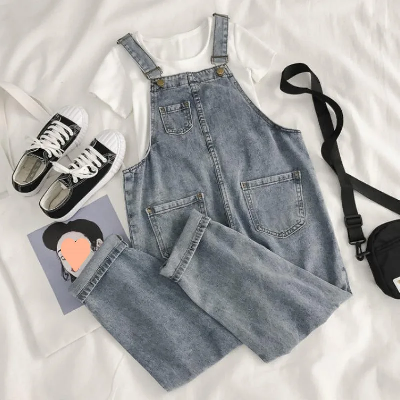 

Spring Summer Women's Denim Jumpsuits Blue Ankle-Length Camisole Jeans Korean Casual Fashion Simple Solid Color Female Overalls
