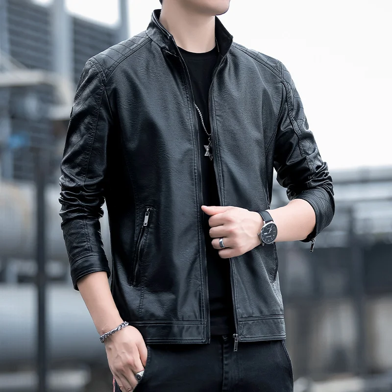 

Spring New Sle Men's ort Thin Leather Jaet Stand Collar Biker Coat Trendy Casual Leather Vest Youth Energy Sle