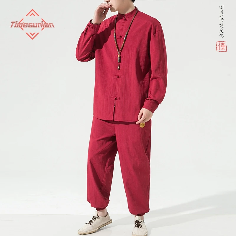 

Men's Imitation Linen Shirt and Pants 2 Piece Set Stand Collar Button Spring And Autumn Seasonal Clothing from Mainland China