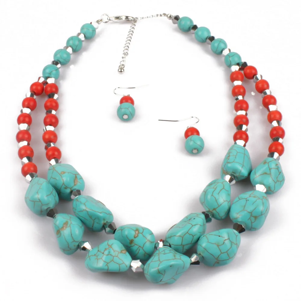 New Natural Stone Beads Turquoises Women Necklace Earrings Jewelry Set Retro Fashion Green Color Stone Necklace Accessories