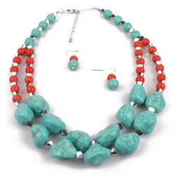New Natural Stone Beads Turquoises Women Necklace Earrings Jewelry Set Retro Fashion Green Color Stone Necklace Accessories