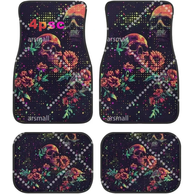 Pixel Floral Skulls Print 4PCS Crystal Velvet Car Floor Mats Universal Front & Rear Auto Foot Mats Multi‑Pixel Style Interior Pr