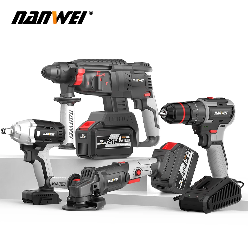 NANWEI Tool Set 4-Piece Cordless Brushless Drill Electric Screwdriver/Hammer Drill/Electric Wrench/Angle Grinder