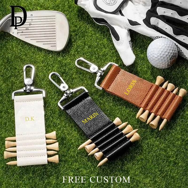Engrave Letters PU Leather Golf Tees Storage Bag With Keychain Casual Luxury Man Custom Name Golf Ball Holder Storage Set Slots