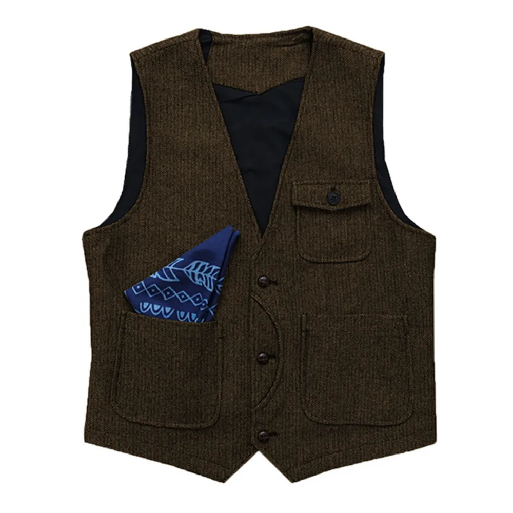 Men Suits Herringbone Wood Vest  V Neck With Real Pocket Slim Fit Formal Business Waistcoat For Groomsemen Wedding