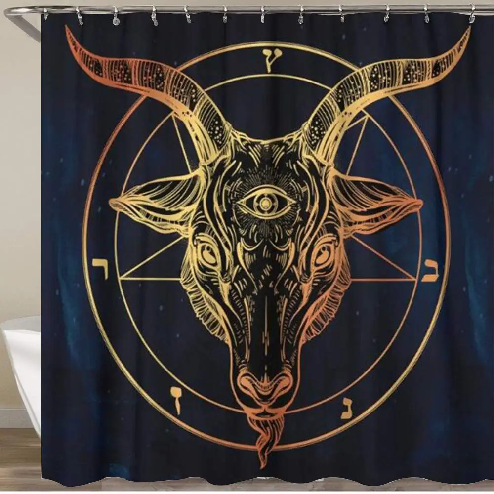 Shower Curtain Pentagram with Demon Baphomet Satanic Goat Head Binary Symbol Tattoo Waterproof Bathroom Curtains Set with Hooks