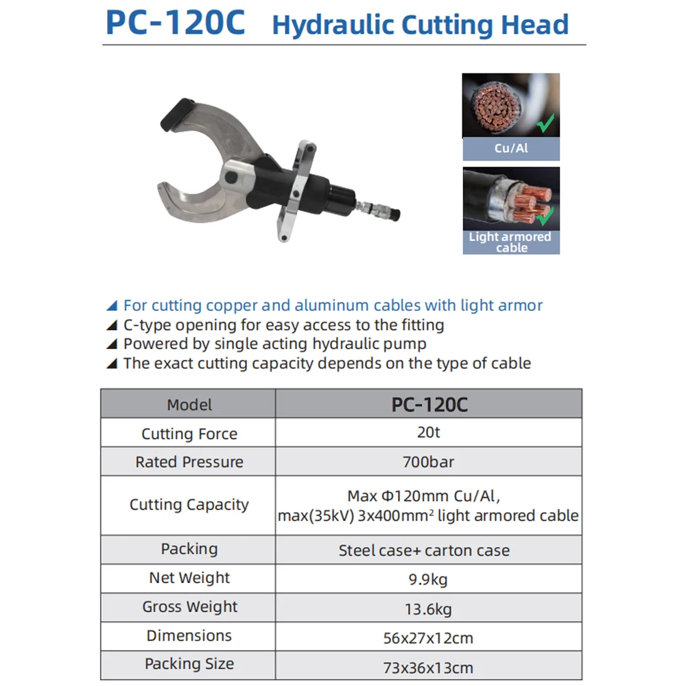 -120C Hydraulic Cutting Tool 20t 120mm Cu 35kV 3x400mm2 Light Armored Hydraulic Cutting Head For MV Cable