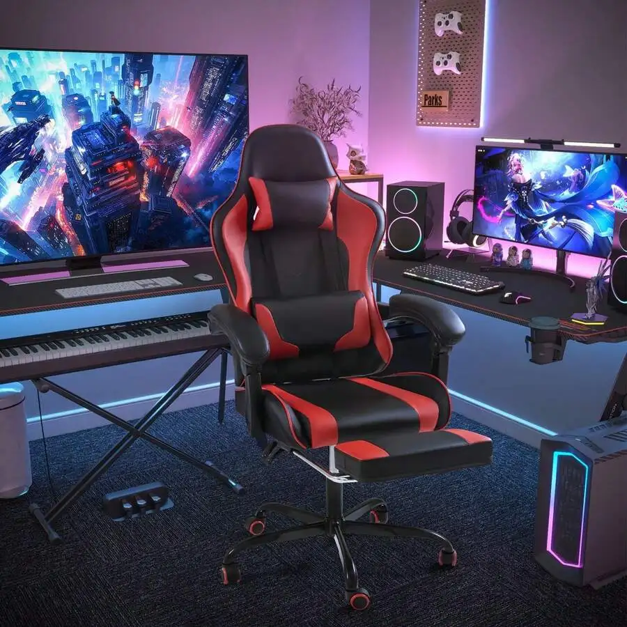 Gaming Chair, Video Game Chair With Footrest And Massage Lumbar Support, Ergonomic Computer Chair Height Adjustable With Swivel