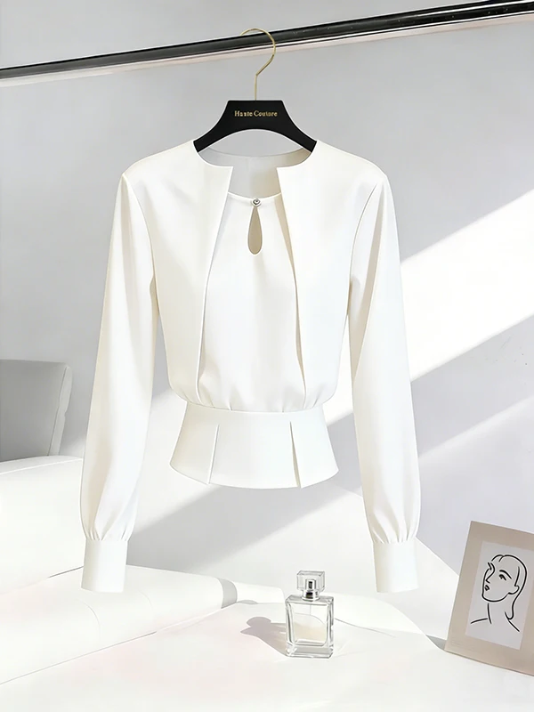 

Elegant Black Hollow out Waist-Cinching Long Sleeve Shirt Women's Fashion Commute Style Spring 2026 Chinoiserie Premium Feel Top