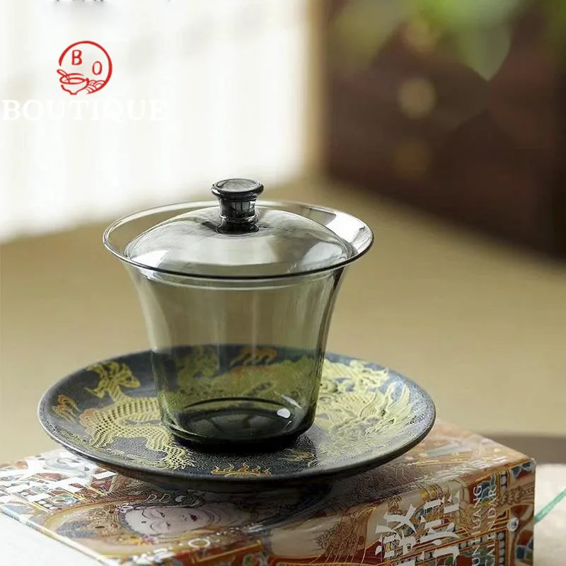 190ml Sancai Glass Gaiwan Thickened Glass Large Capacity Tea Bowl Chinese Dargom Kungfu Tea Cup Handmade High-end Tea Cup Gifts