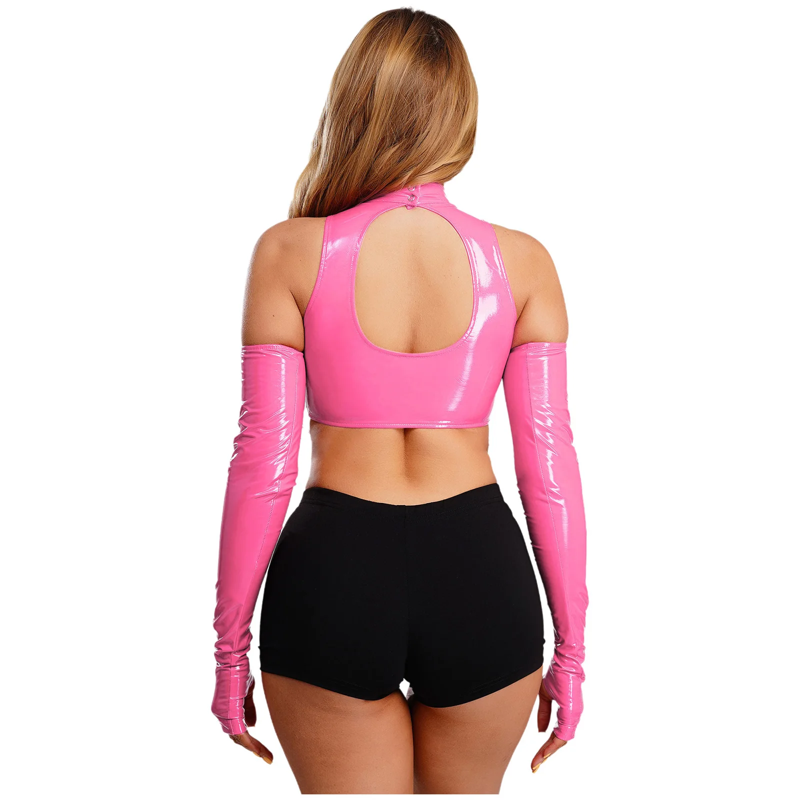 Top corto da donna senza schienale in PU lucido con spalle scoperte T-shirt in pelle a maniche lunghe Top Clubwear per festival di musica da ballo rave party