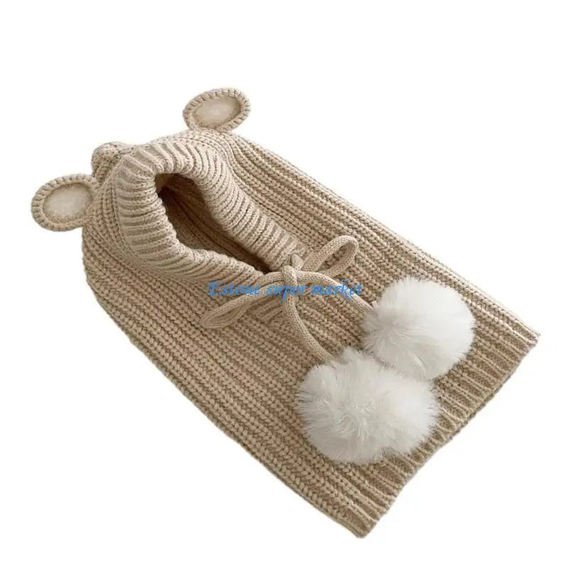090B Baby Bonnet Cap Scarf Winter Hat with Pompoms Neckerchief for Toddler Infant