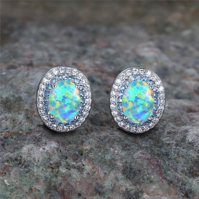 Boho Female White Fire Opal Oval Stone Stud Earrings Vintage Silver Color Summer Wedding Jewelry For Women
