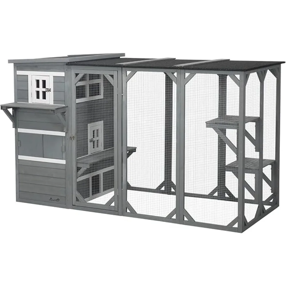 

Outdoor Large Wood Cat House Enclosure with 3-Level Design,Weatherproof Roof,Hiding Areas,Multiple Platforms,Resting Box,Gray