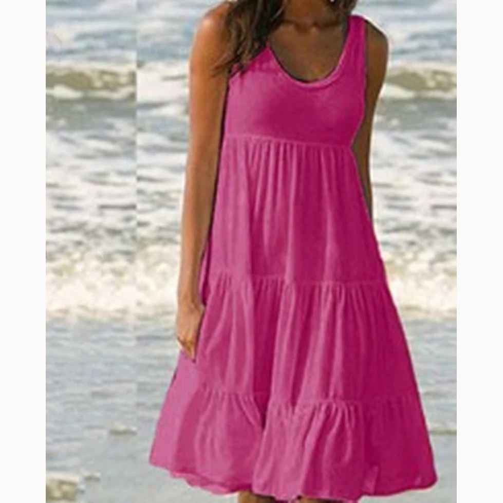 فستان نسائي قصير غير رسمي بياقة دائرية بدون أكمام وكشكشة فستان صيفي للشاطئ سادة فستان فضفاض كبير الحجم لصيف 2023