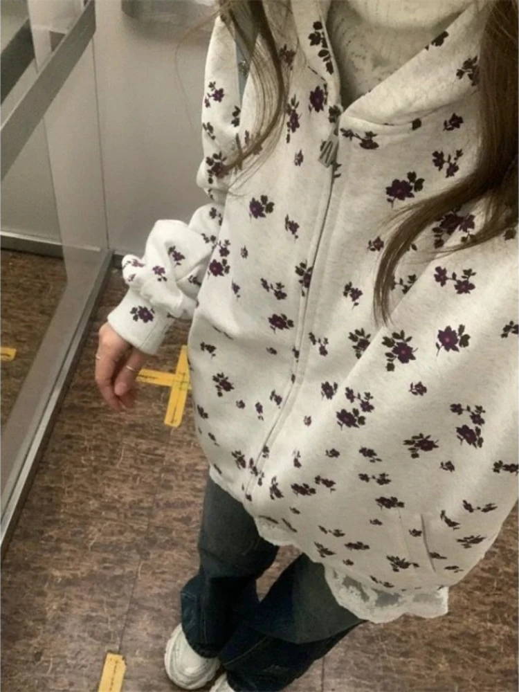 

American Style Floral Embroidery Hooded Sweatshirt 2025 Autumn Winter New Cardigan Coat Women Y2k Long Sleeve All-match Tops