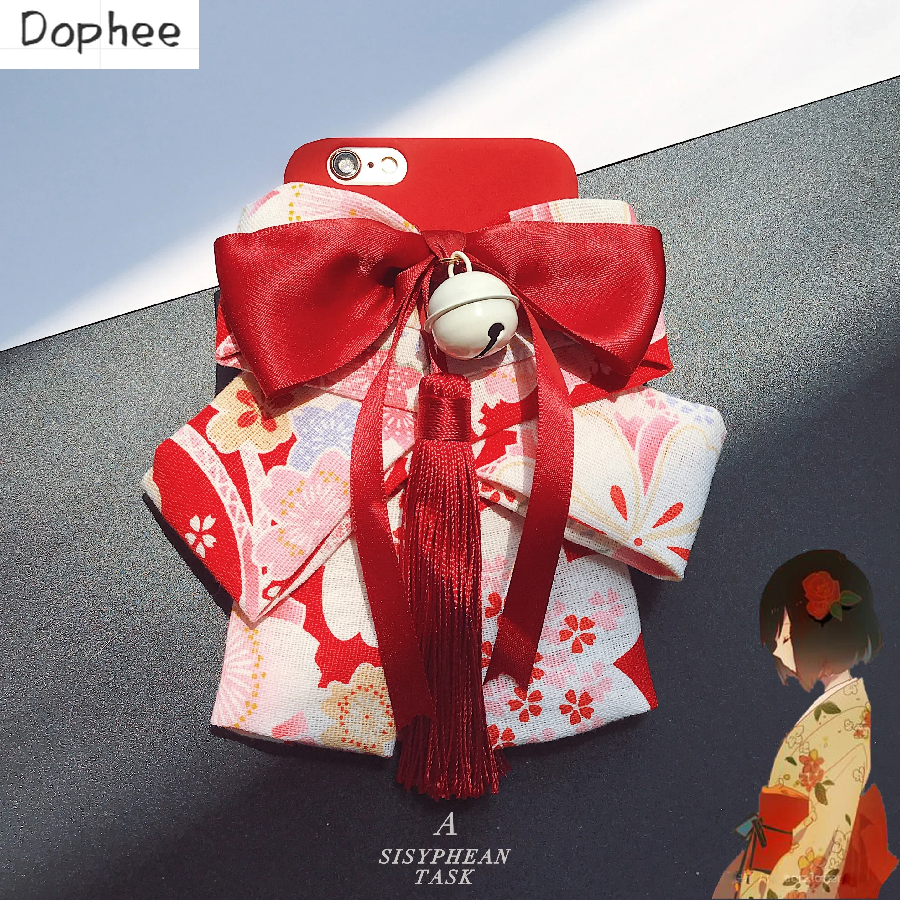 Dophee Japanese Girl Hanfu Iphone12 13 14 15 16 Plus Promax Protective Sleeve Apple Phone Case Bowknot Bell Pendant Hard Shell