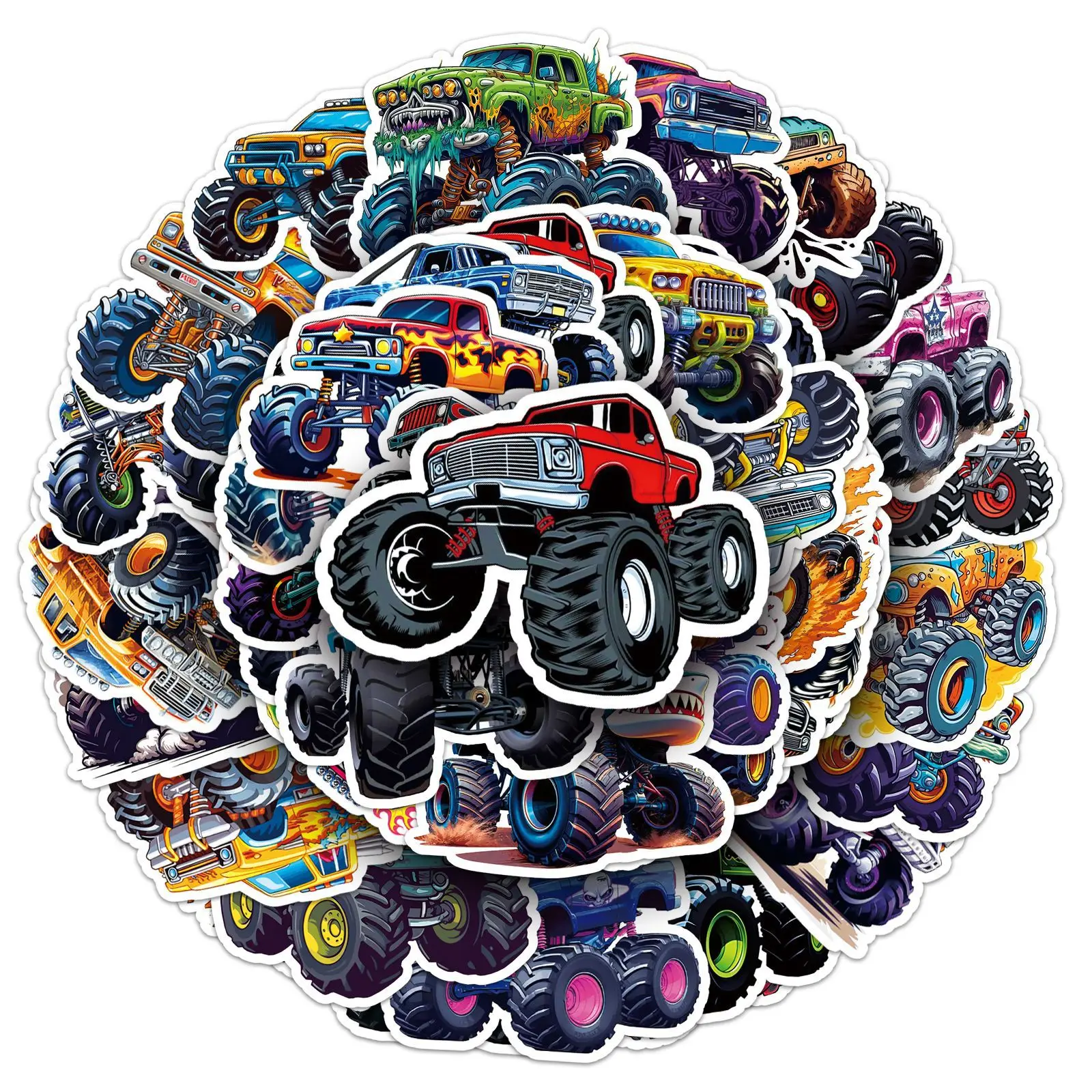 50PCS Large Tire off Road Vehicle Cartoon Stickers Funny Animation Graffiti Decoration DIY Toys Laptop Guitar Car Bike Decals