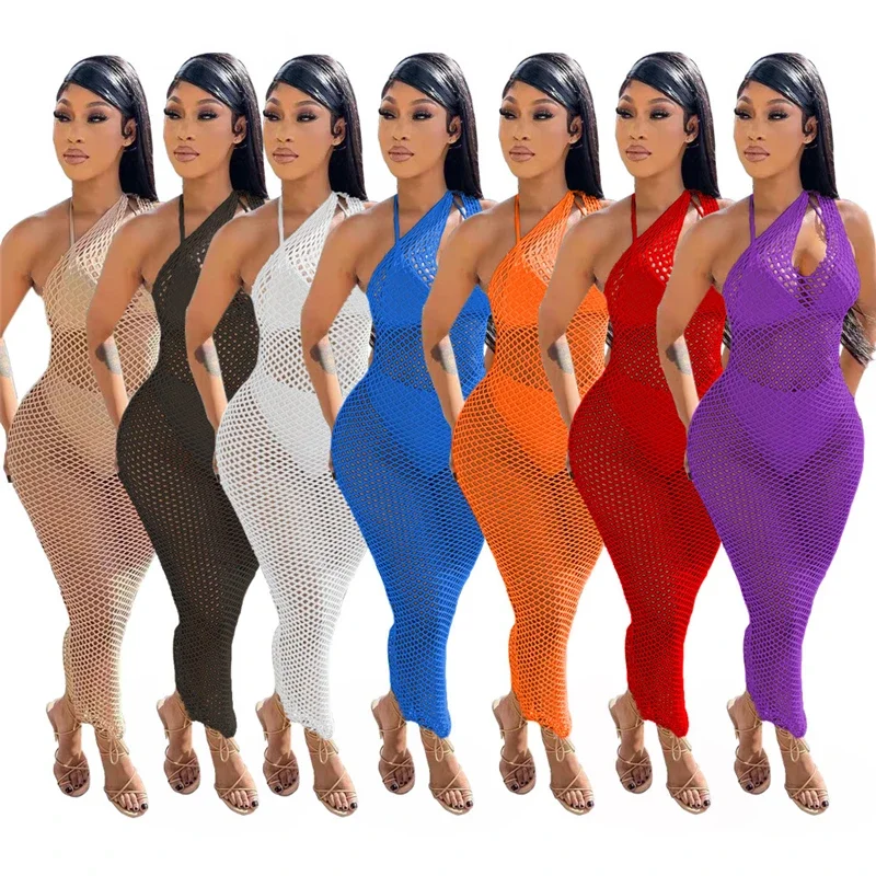 

Summer Beach Fishnet Maxi Tank Dress Women Sexy V Neck Sleeveless Long Robe Bikini Cover Ups