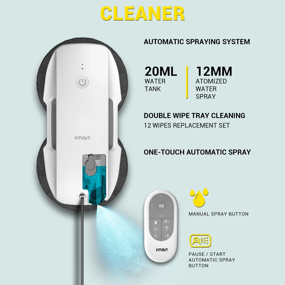 Intelligent Window Cleaning Robot Ultrasonic Atomized Water Spray Portable Window Cleaner Robot With Remote Control