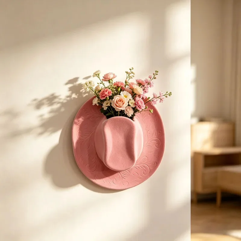 Faux Denim Hat Wall Vase Holder Decorative Resin Sculpture Hanging Home Wall Art Boho Vintage Room Ornament