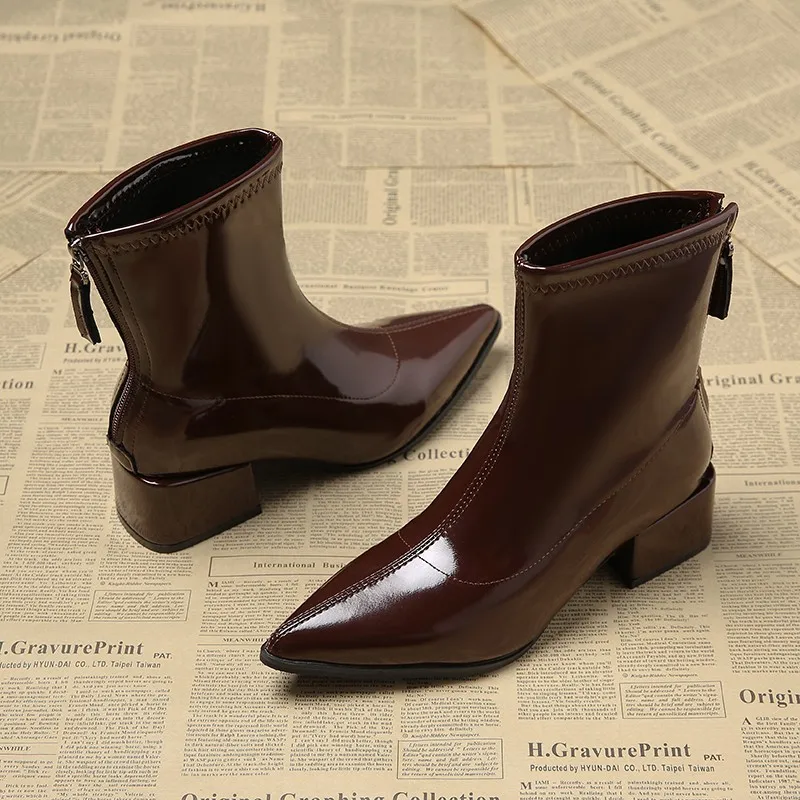 

Осенние женские ботильоны из лакированной кожи, женская обувь на толстом каблуке, модная удобная короткая обувь с острым носком, Botas De Mujer