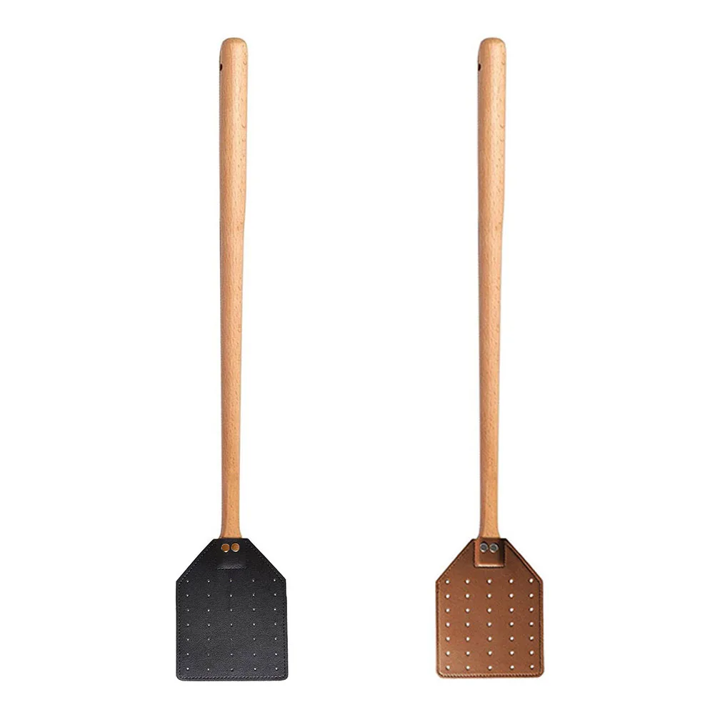 1pcs Heavy Duty Leather Fly Swatter Brown  Leather Long Handle Swatter  With Beech Wood  For Indoor Outdoor Catch Insects