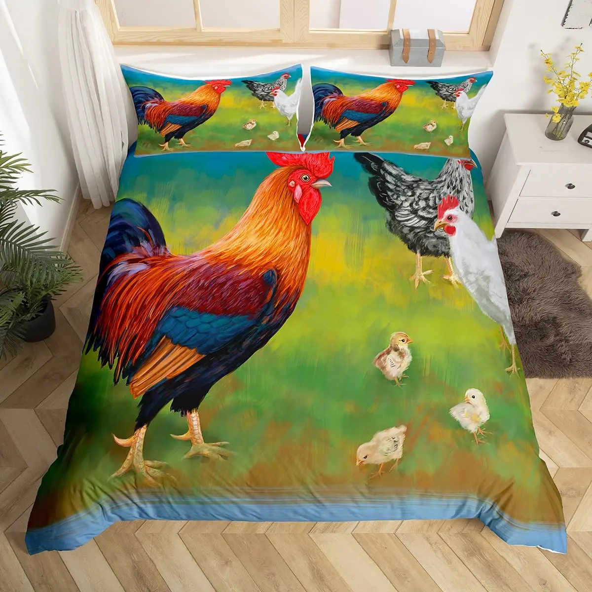 

Rooster King Bedding Set Farm Animal Theme Duvet Cover Watercolor Chicken Comforter Cover Chick Patterns Polyester Quilt Cover