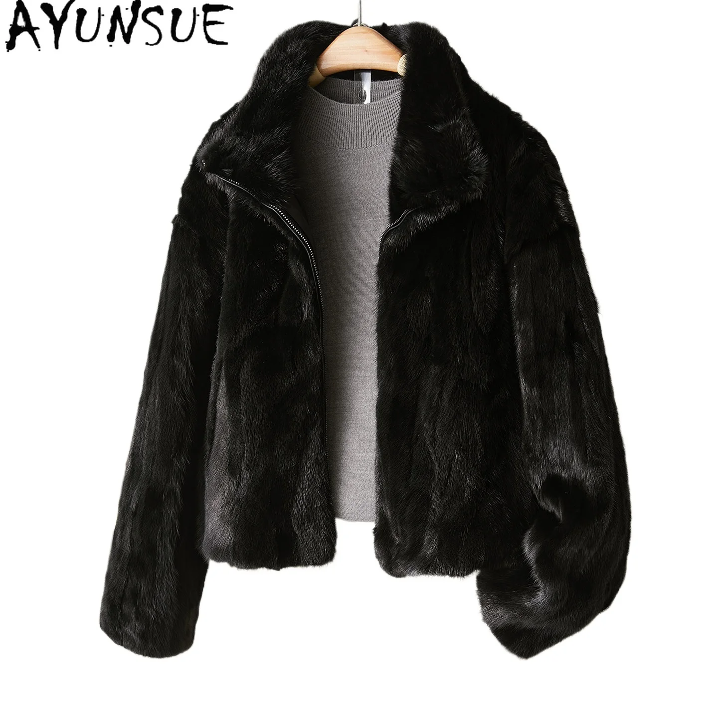 

AYUSNUE Real Mink Fur Coat Women Warm Winter Clothes Patchwork Female Mink Womens Coats Long Sleeve New in Coats Шуба Женская